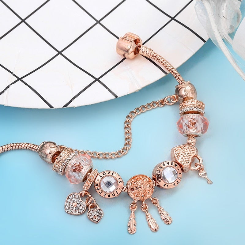 エレガントなバラのドリームキャッチャーブレスレット、上質なスターリングシルバー製のきらめくチャーム付き