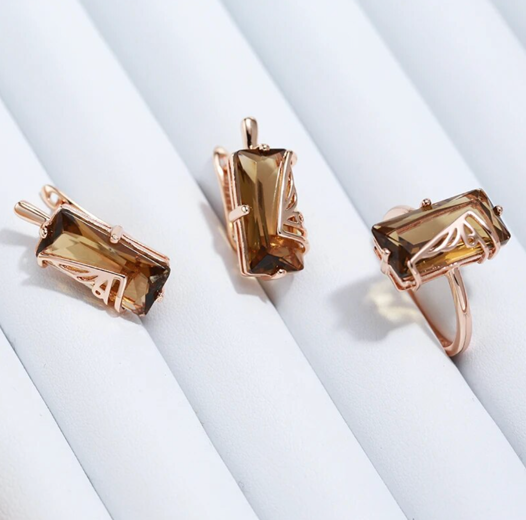 エレガントなバルティックアンバーセット、豪華な18金ローズゴールドメッキ付き