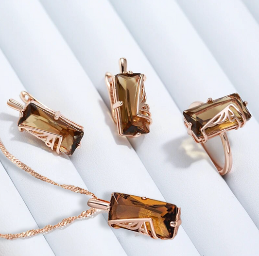 エレガントなバルティックアンバーセット、豪華な18金ローズゴールドメッキ付き