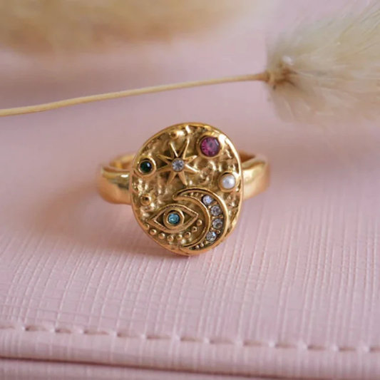 エレガントなビンテージゴールドモザイクインレイストーンリング